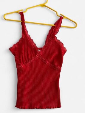 Miss Selfridge Red Lace Trim Ribbed Tank Top